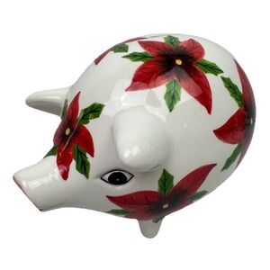 VTG 2003 Annaco Creations  Ceramic Piggy Bank Red Poinsettias Christmas Holiday